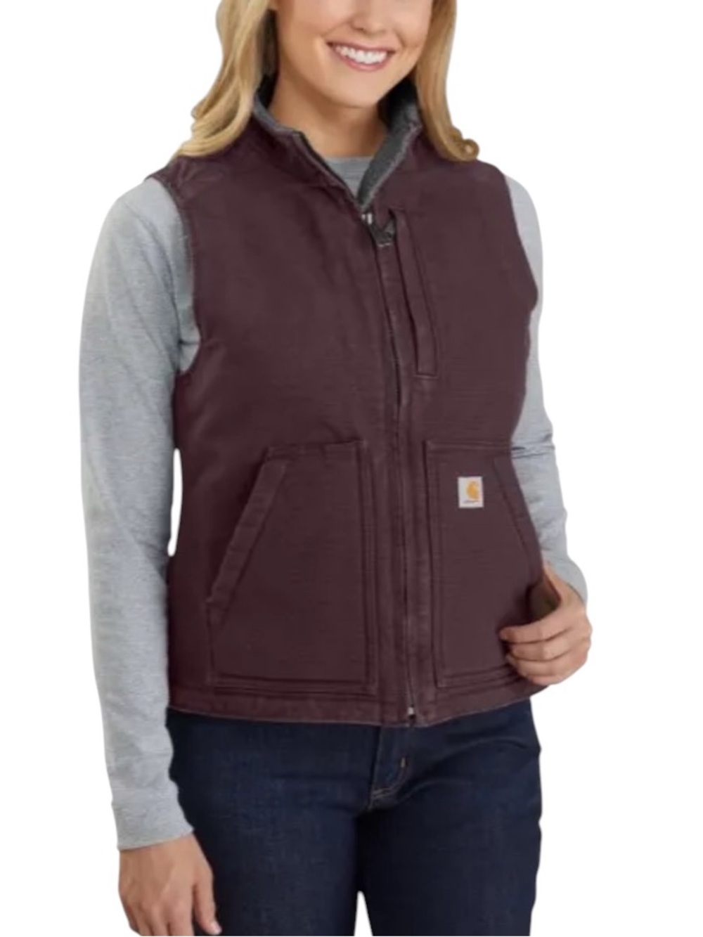 Carhartt Women's Relaxed Fit Washed Duck Sherpa Lined Vest Burgundy Size M